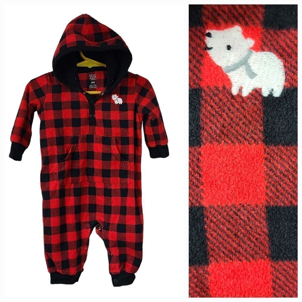 Carter's Baby 6M Red Buffalo Plaid Soft Fleece Hooded Onesie Jumpsuit 1pc Outfit